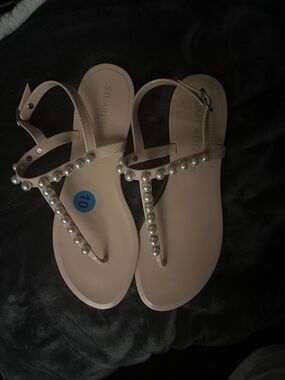 Stuart Weitzman Blush Pearl-Embellished T-Strap Sandals